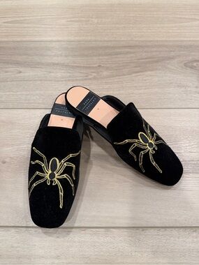 Zara TRF Womens Shoes Mules Flat Slides Goth Gold Spider Black Velvet 38 US 7
